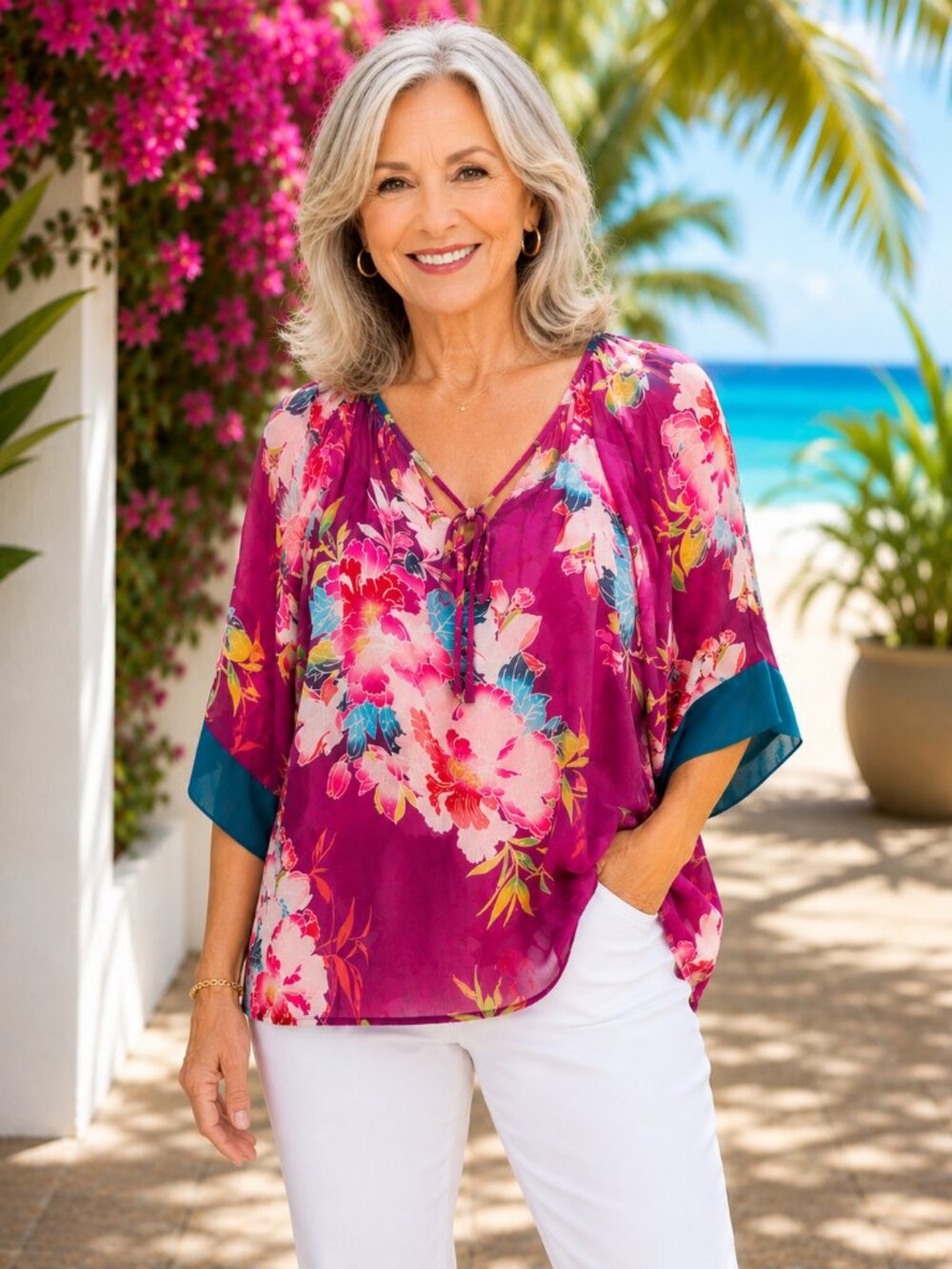 Express Floral Sheer Blouse Size L Purple Magenta Boho Tropical Top